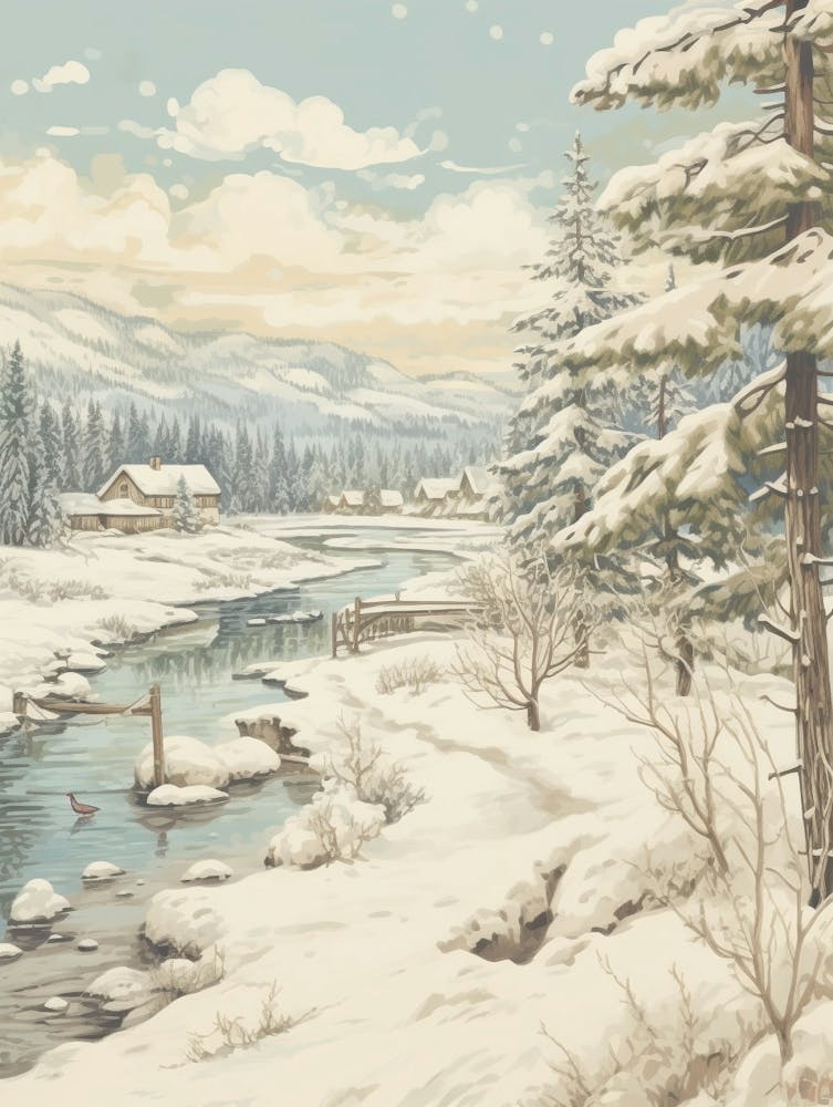 Vintage Winter Illustration Lapland Finland 3