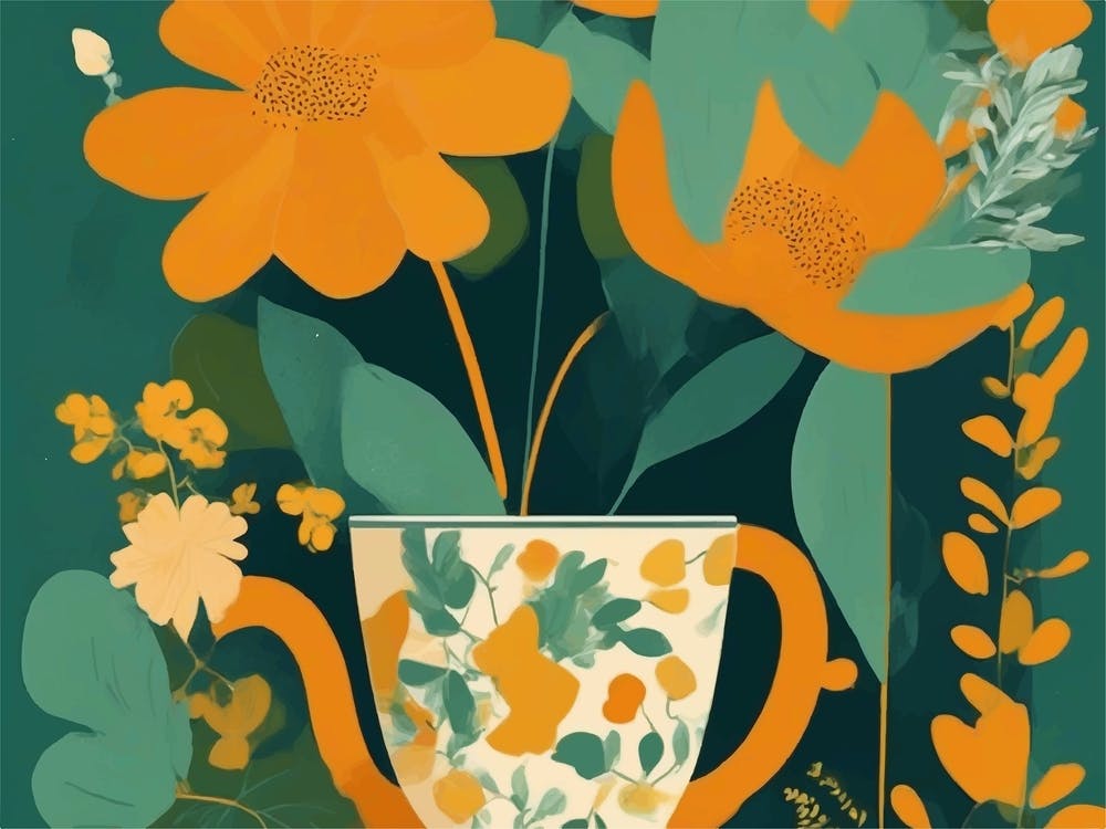 Orange Flowers In A Teapot