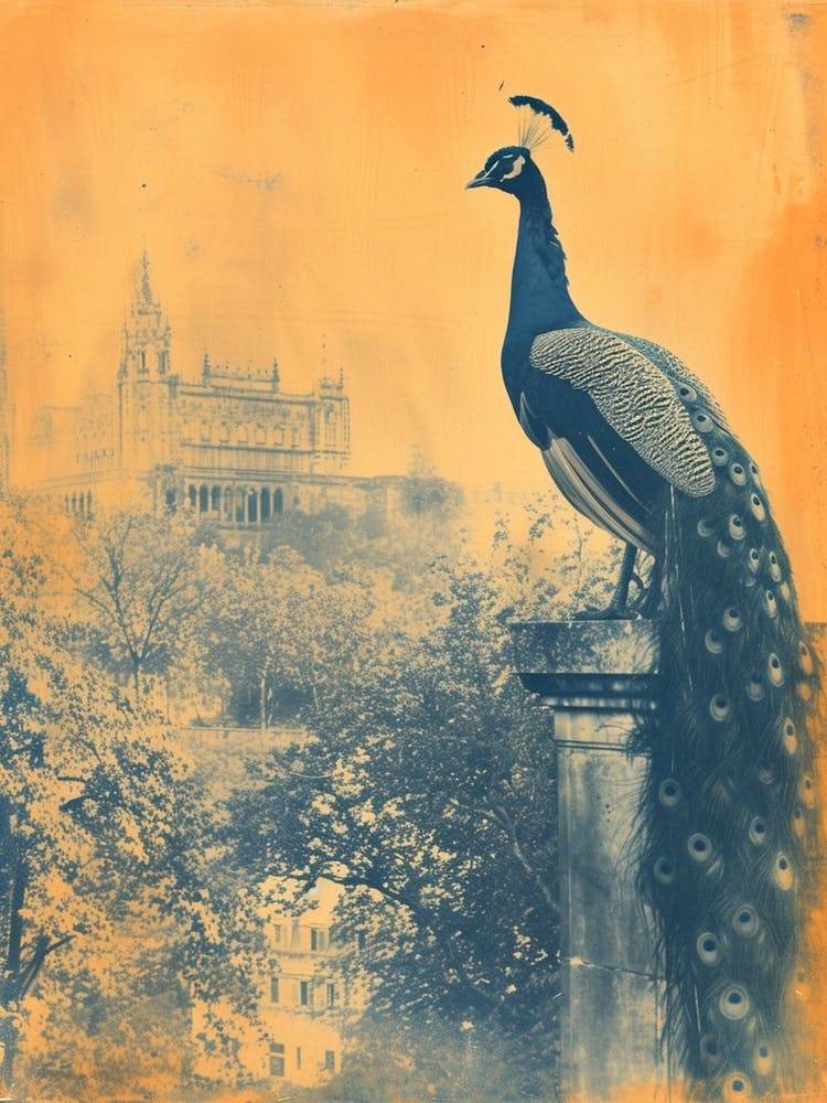 Orange & Blue Peacock With Palace In The Background 1