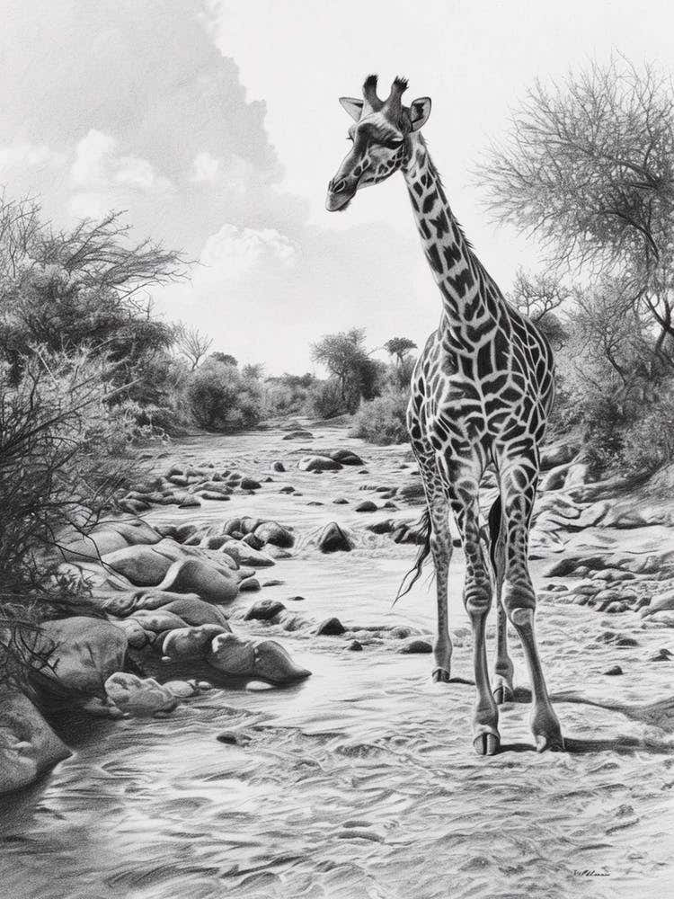 Giraffe In The River Pencil Drawing 2