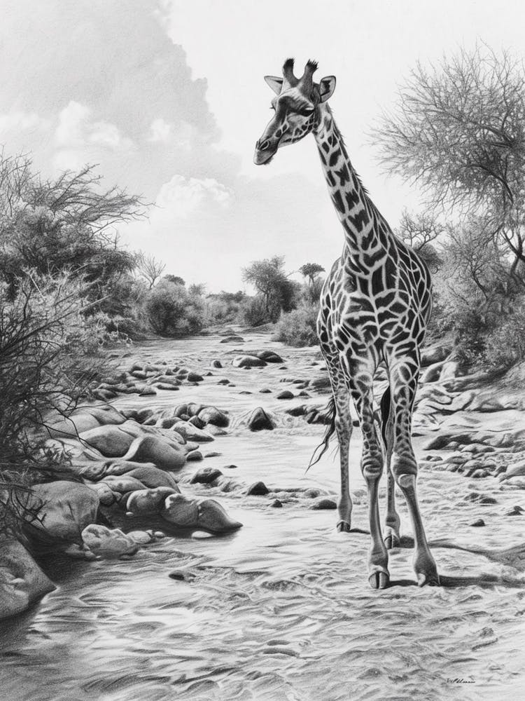 Giraffe In The River Pencil Drawing 2