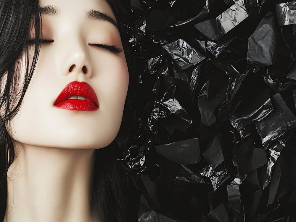 Asian Beauty Model with Red Lips