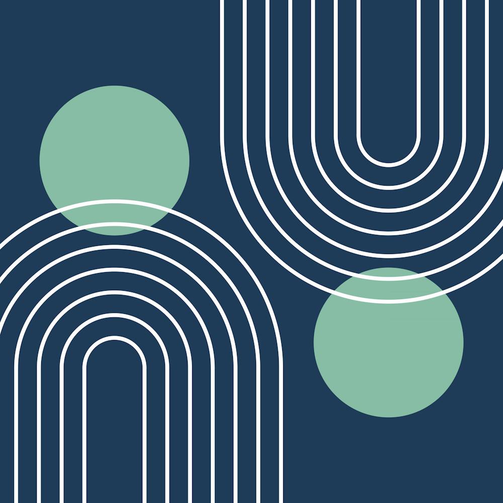 Mid Century Modern Geometric In Navy Blue And Greenery (Rainbow And Sun Abstract) 02