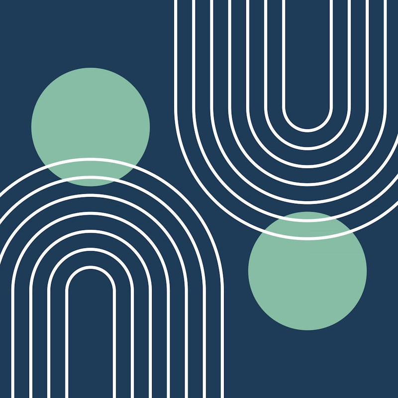 Mid Century Modern Geometrisch in Marineblau und Grün (Regenbogen und Sonne Abstrakt) 02