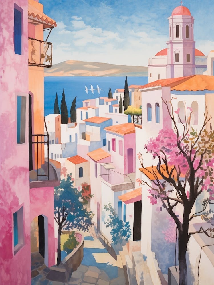 Santorini Griechenland 3 Vintage Pink Reiseillustration