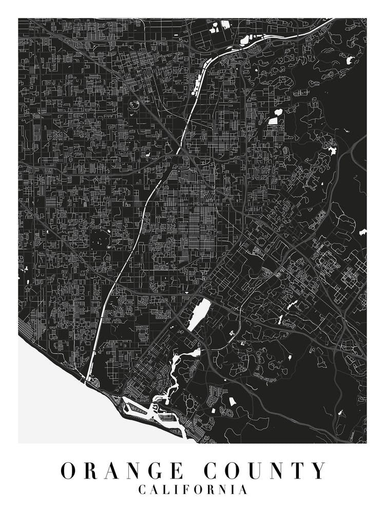 Orange County California Minimal Black Mono Street Map