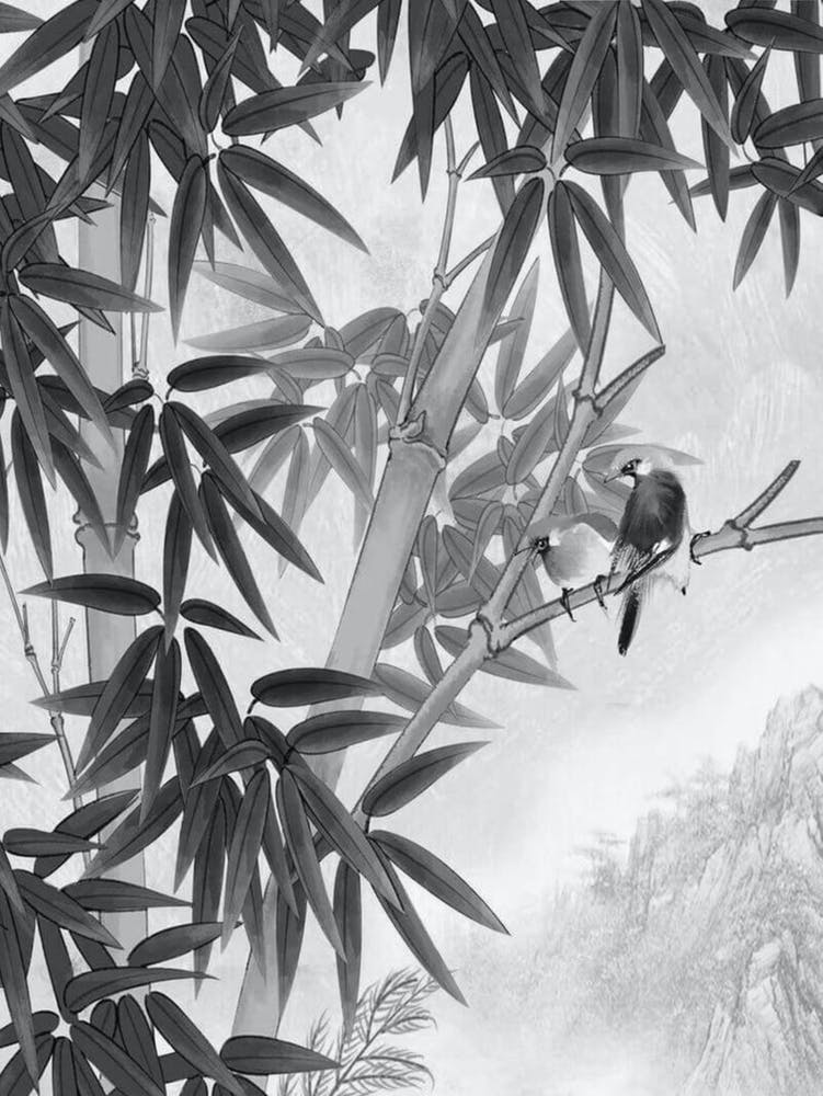 black and white art bamboo tree and bird 1