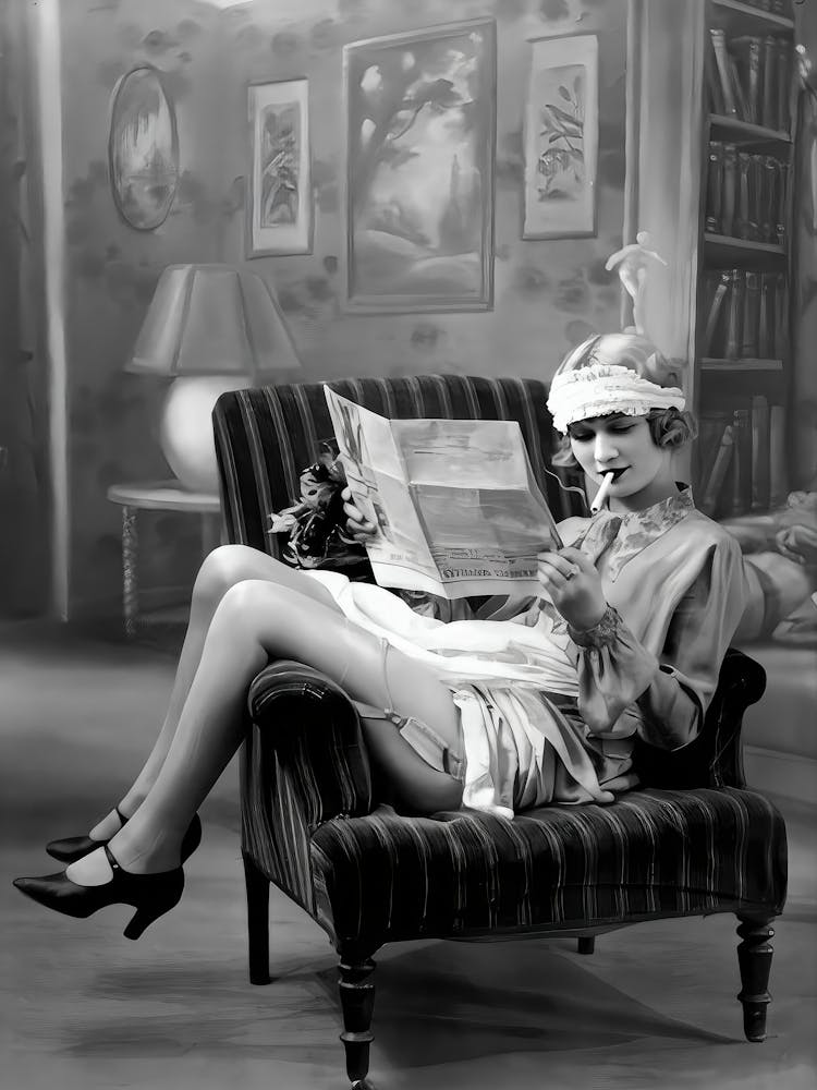 Woman Smoking And Reading Newspaper Wall Art, Retro Woman Fashion Poster, 1920s Flapper Woman, Black And White Print, Retro Wall Decor