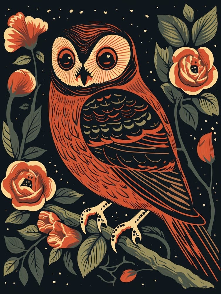 Vintage Bird Linocut Owl 3