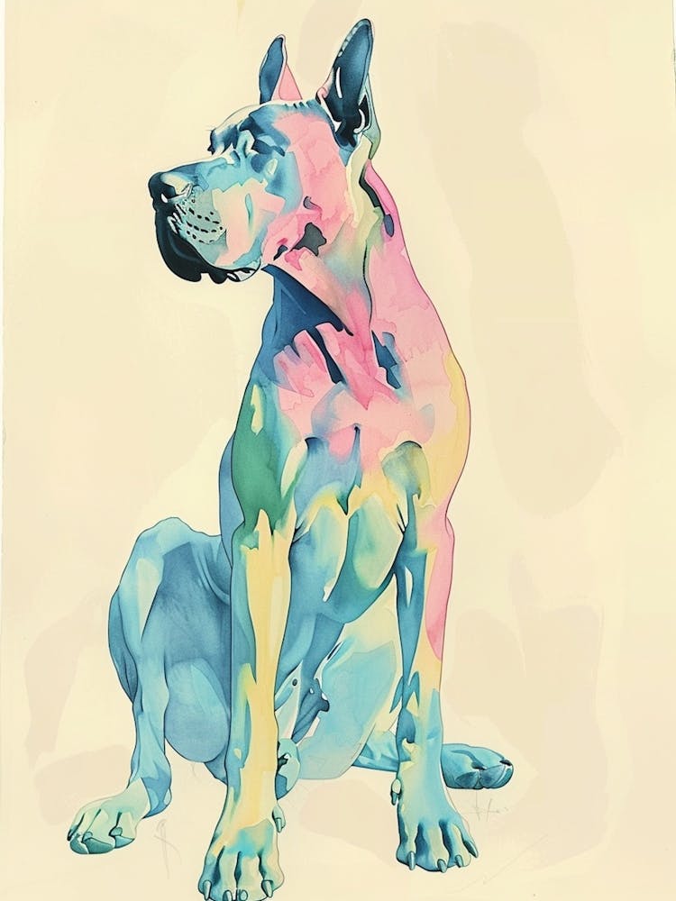 Pastel Great Dane Dog Watercolour Line Illustration 1