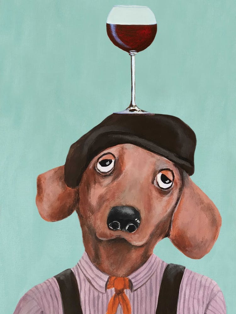 French Dachshund With Wineglass Mint & Brown