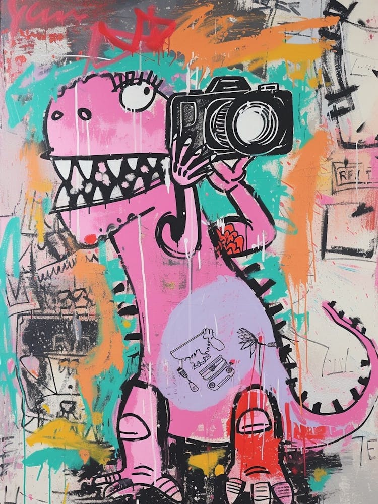 Dinosaur Taking A Photo Pink Graffiti Brushstroke