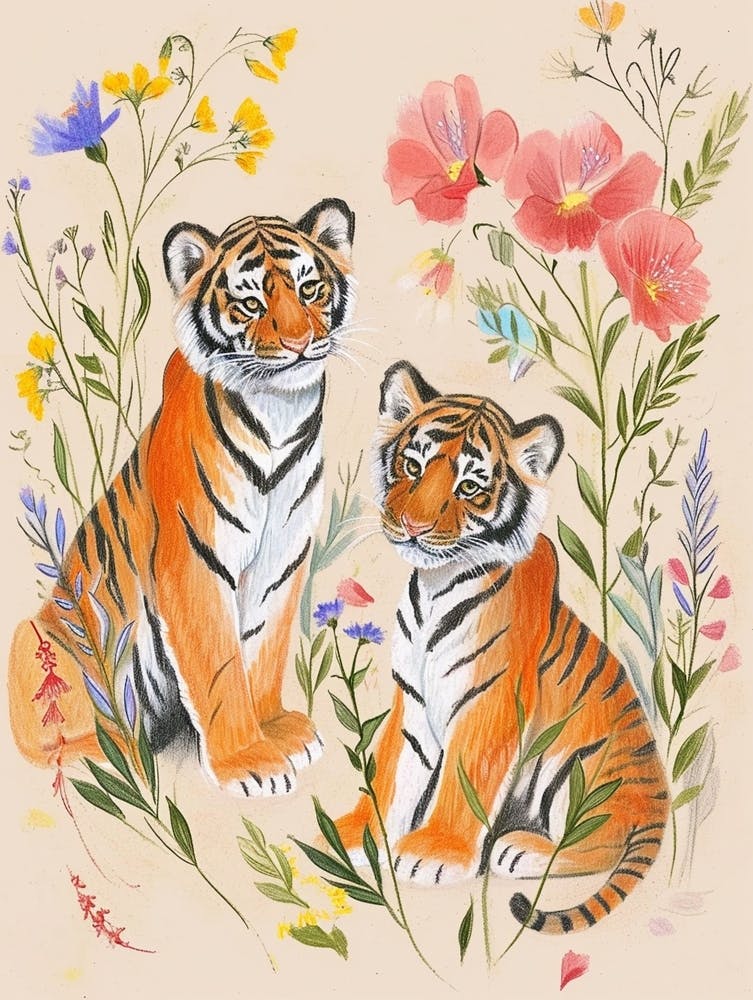 Folkloristische Blumen Tierzeichnung Tiger 9