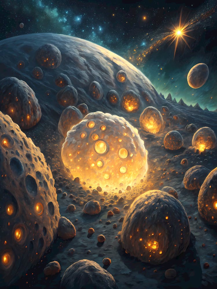 A Glowing Asteroid Field with Rocky Planets Oil Painting Style