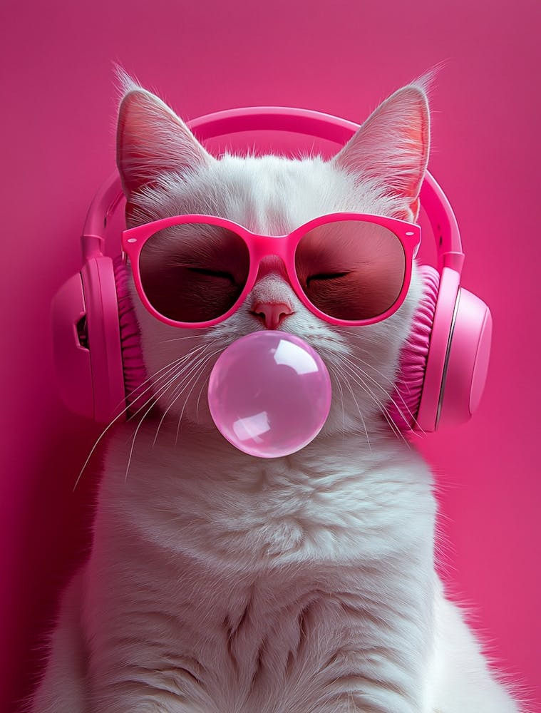 Pink Cat With Headphones