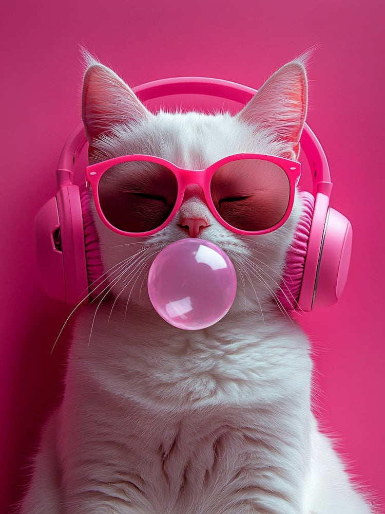 Pink Cat With Headphones