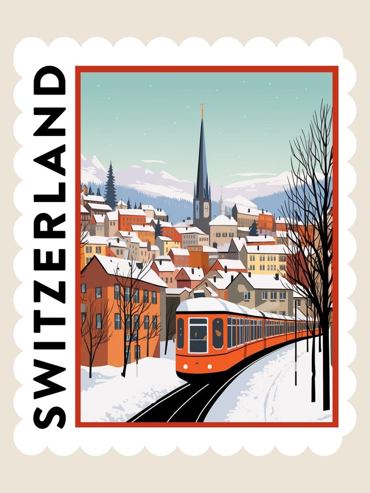 Retro Winter Stamp Poster Zurich Switzerland 1