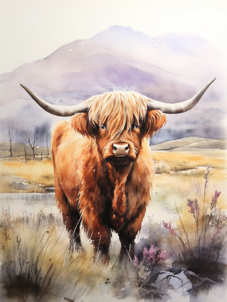 Curious Highland Cow In Field With Rolling Hills Watercolour 5