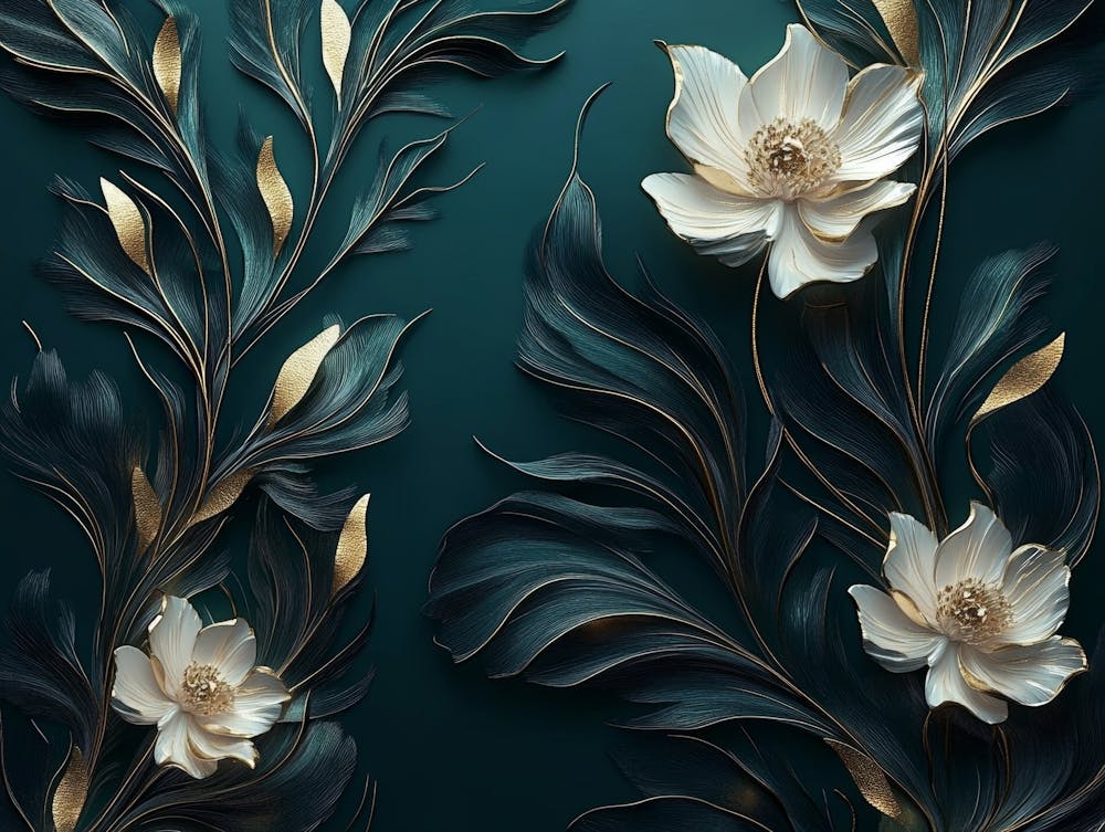 3d Modern Artwork Painting Abstraction Art with White, Dark Green and Golden Flowers