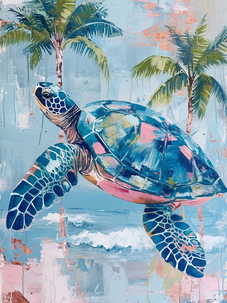Pastel Blue Sea Turtle With Palm Trees