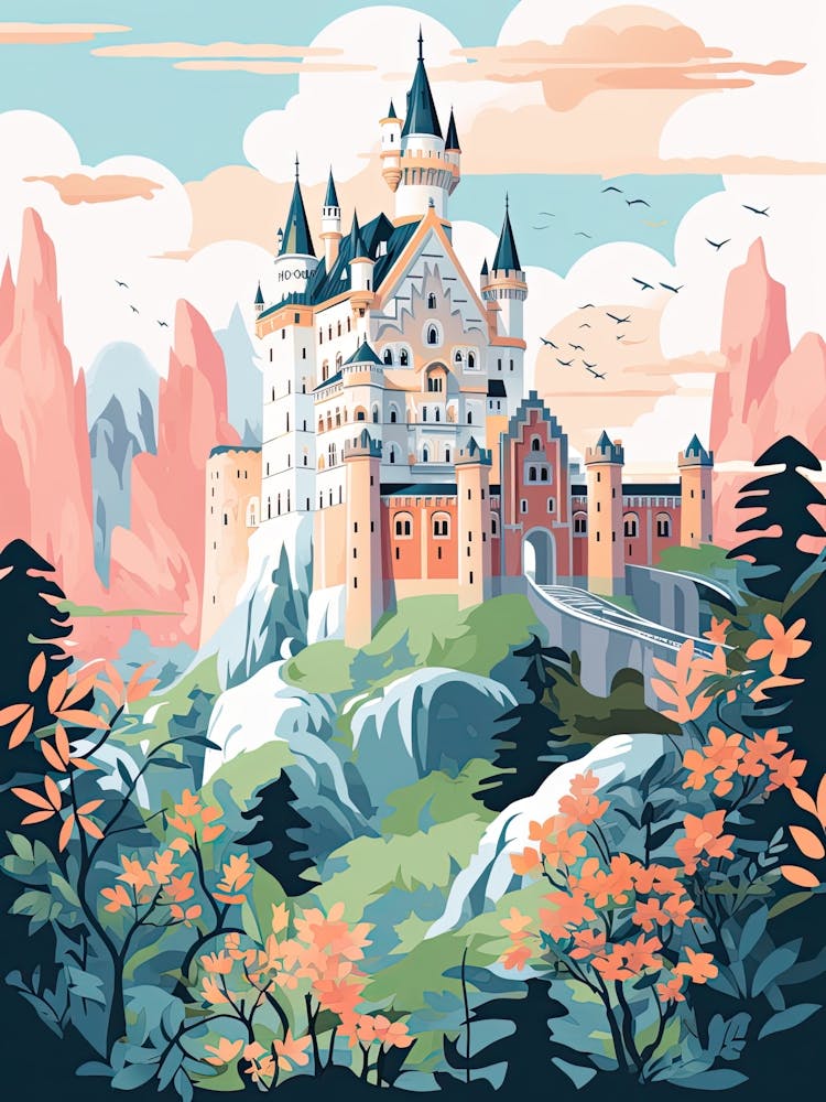 Neuschwanstein Castle   Bavaria, Germany   Cute Botanical Illustration Travel 2