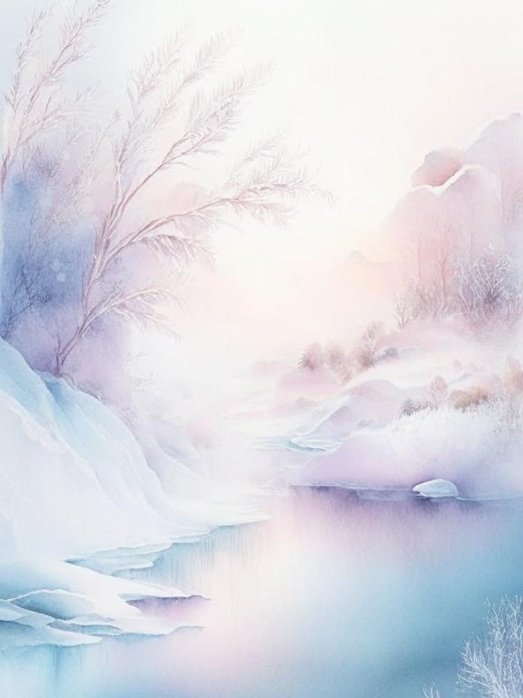 Frozen Landscapes With Icy Water Formations Waterscape Gouache 2