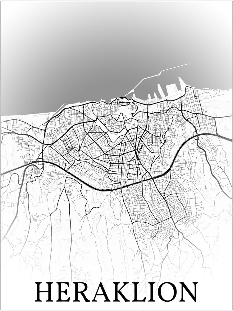 Heraklion, Crete, Greece, City Map, Black And White Fade Design