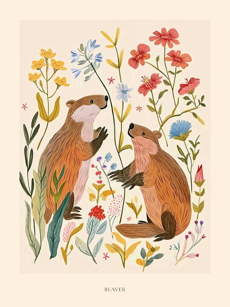 Folksy Floral Animal Drawing Beaver Poster
