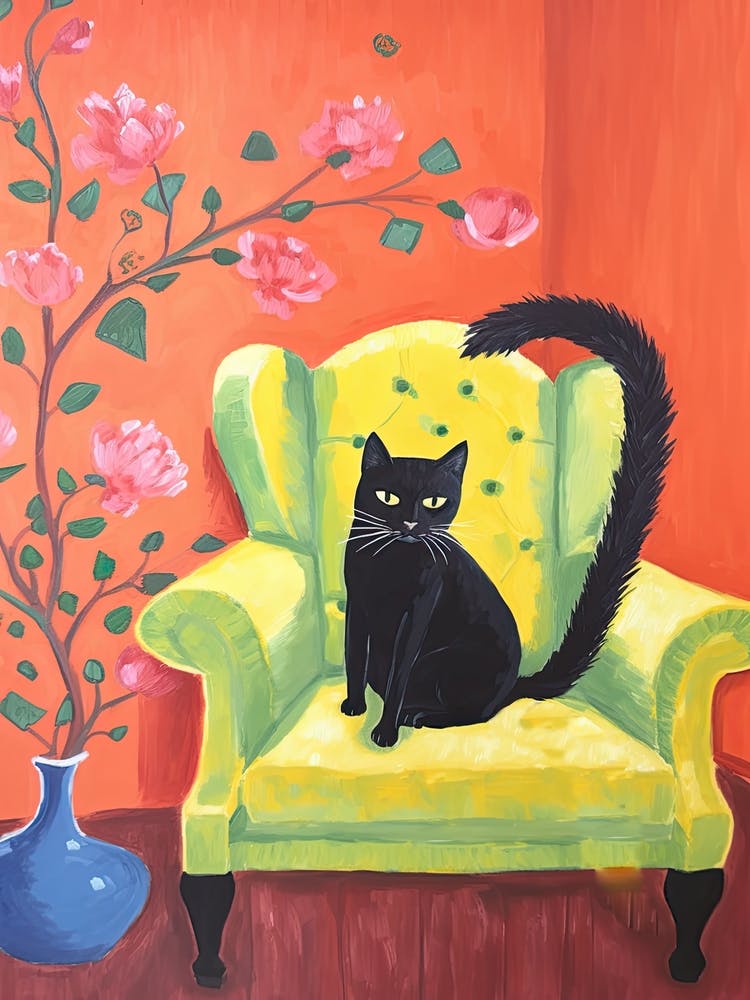 Black Cat Sitting In An Green Sofa