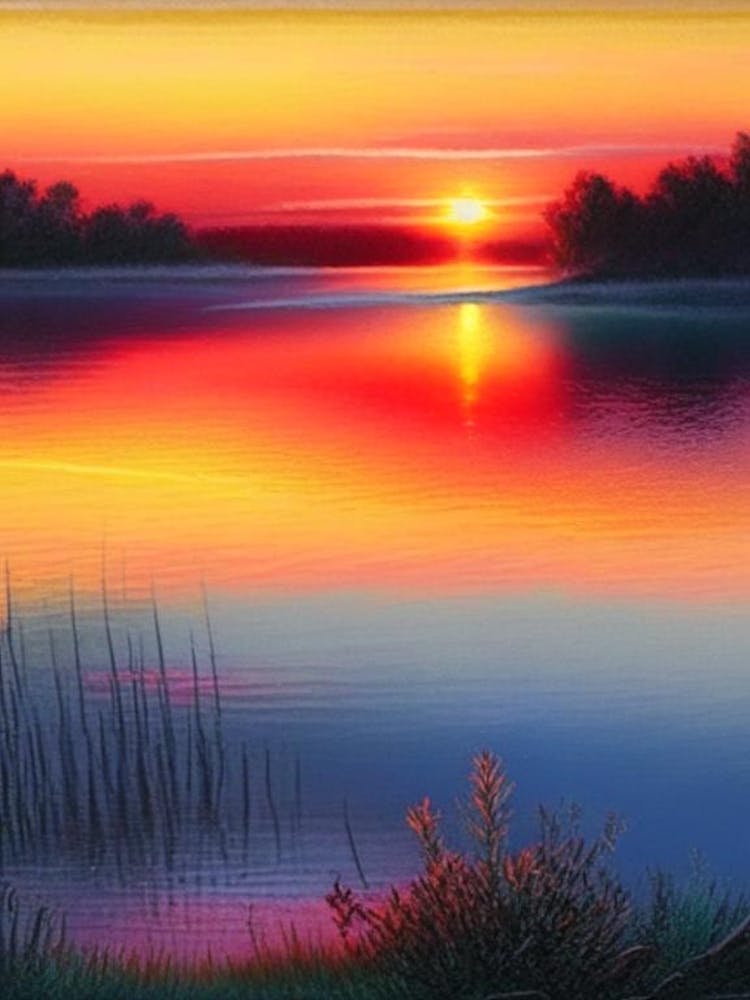 Sunrise Over Lake Waterscape Crayon 1