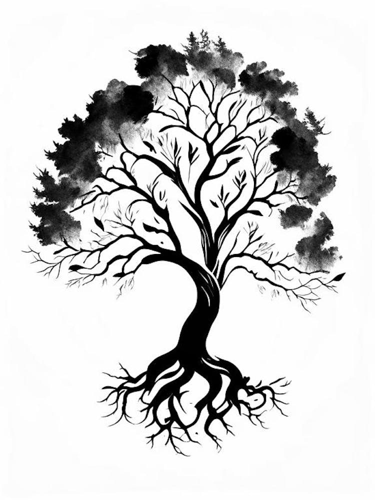 Family Tree Symbol Black And White Painting