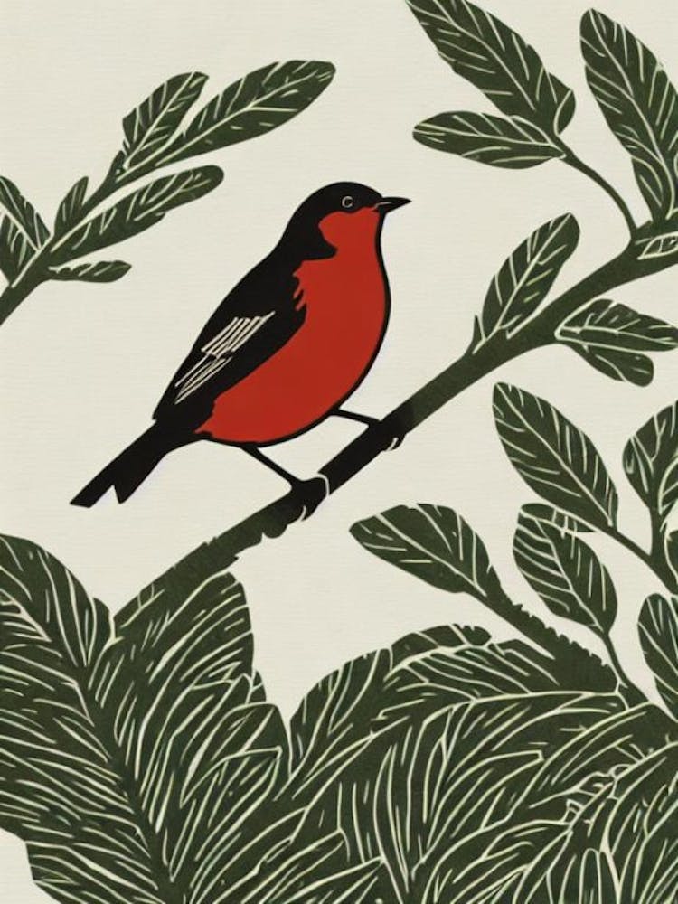 European Robin Linocut Bird