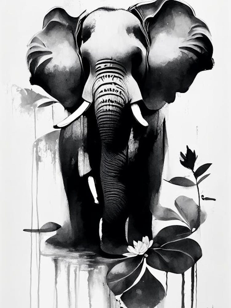Elephant And Lotus 1 Symbol Black And White Painting