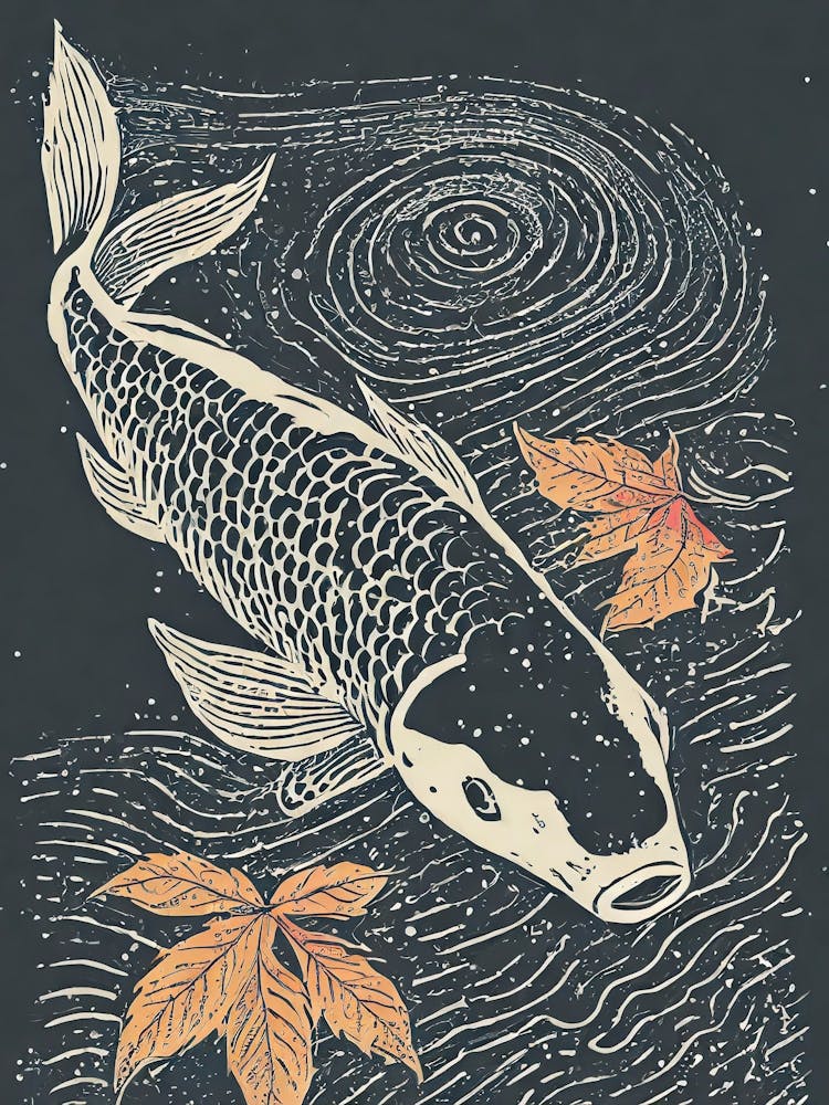 A Carp Koi Pond Reflecting Autumn Leaves Ukiyo-E Style