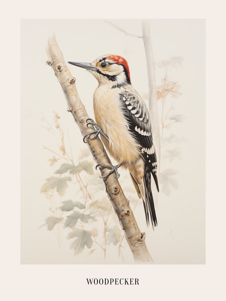 Vintage Bird Drawing Woodpecker 2 Poster