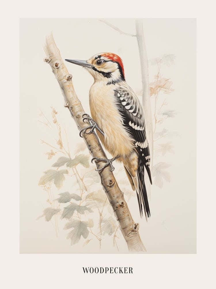 Vintage Bird Drawing Woodpecker 2 Poster