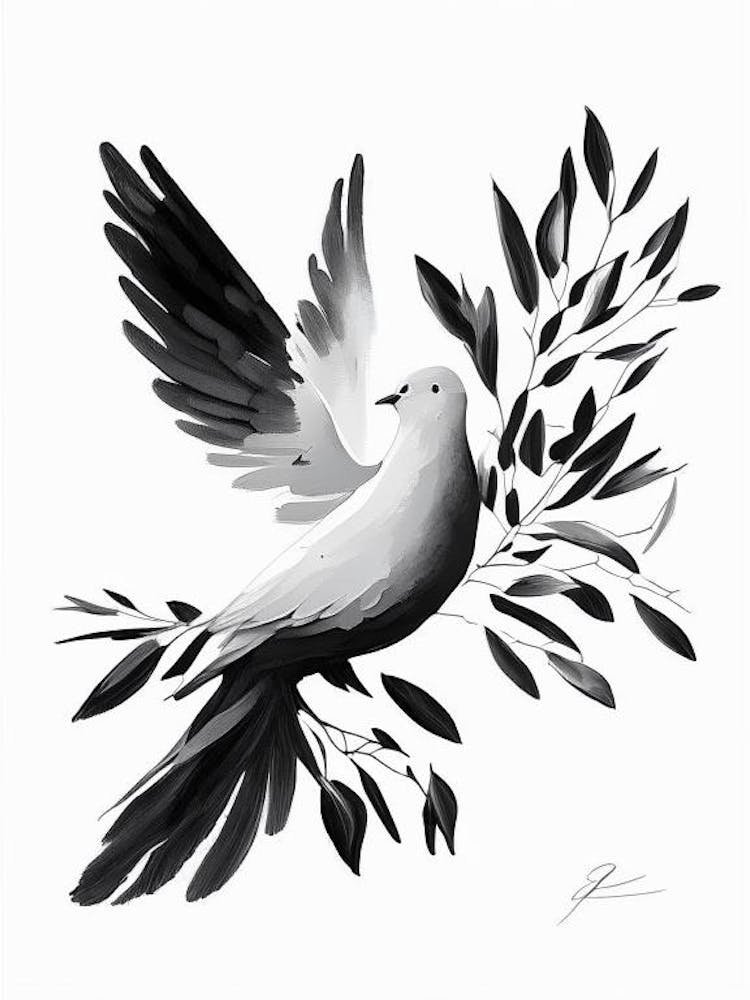 Peace Dove And Olive Branch Symbol Black And White Painting