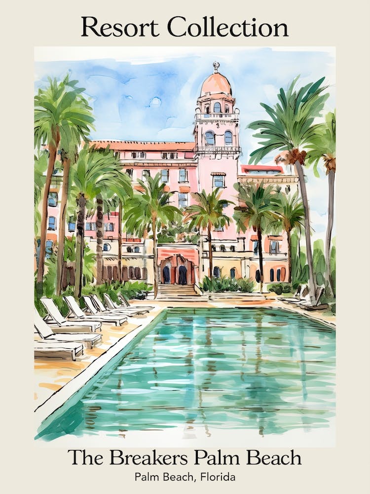 Poster Of The Breakers Palm Beach   Palm Beach, Florida   Resort Collection Storybook Illustration 2