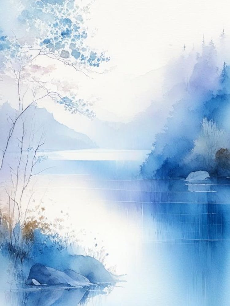 Blue Lake Landscapes Waterscape Gouache 1