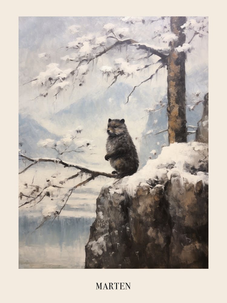Vintage Winter Animal Painting Poster Marten