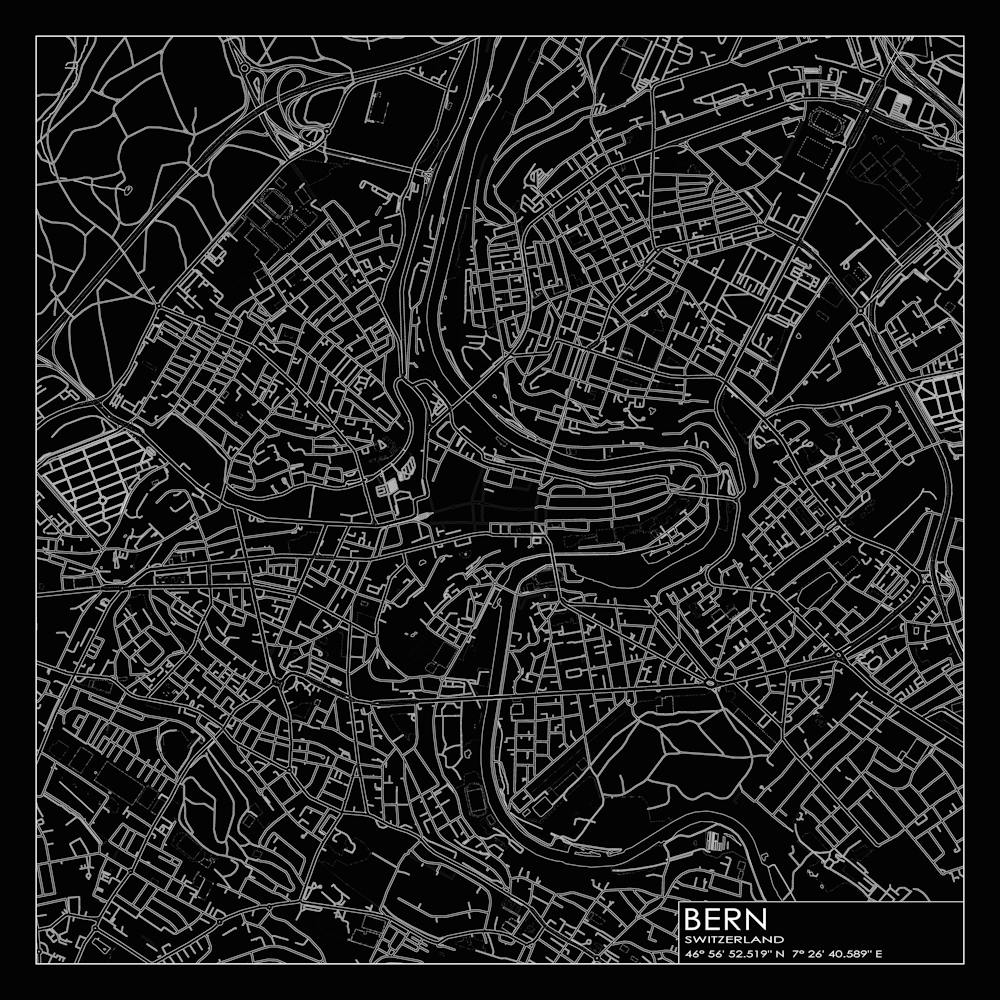 Bern Switzerland city map white on black blueprint design