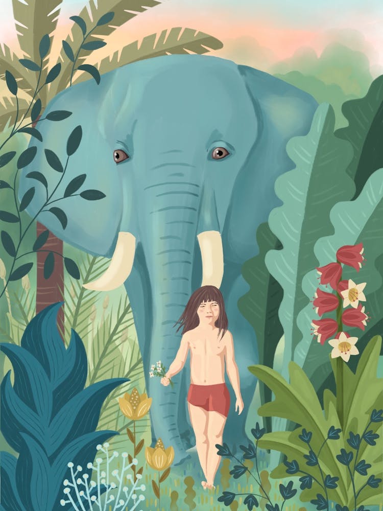 Boy and Elephant In The Jungle