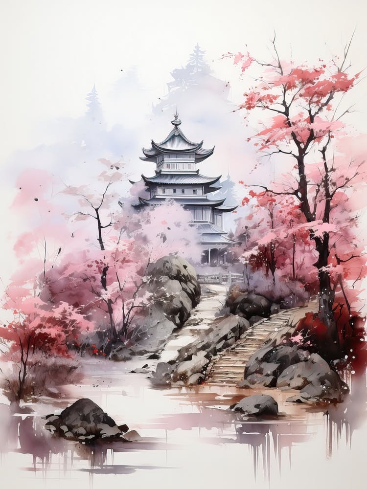 Chureito Pagoda In Yamanashi, Japanese Brush Painting, Ukiyo E, Minimal 3