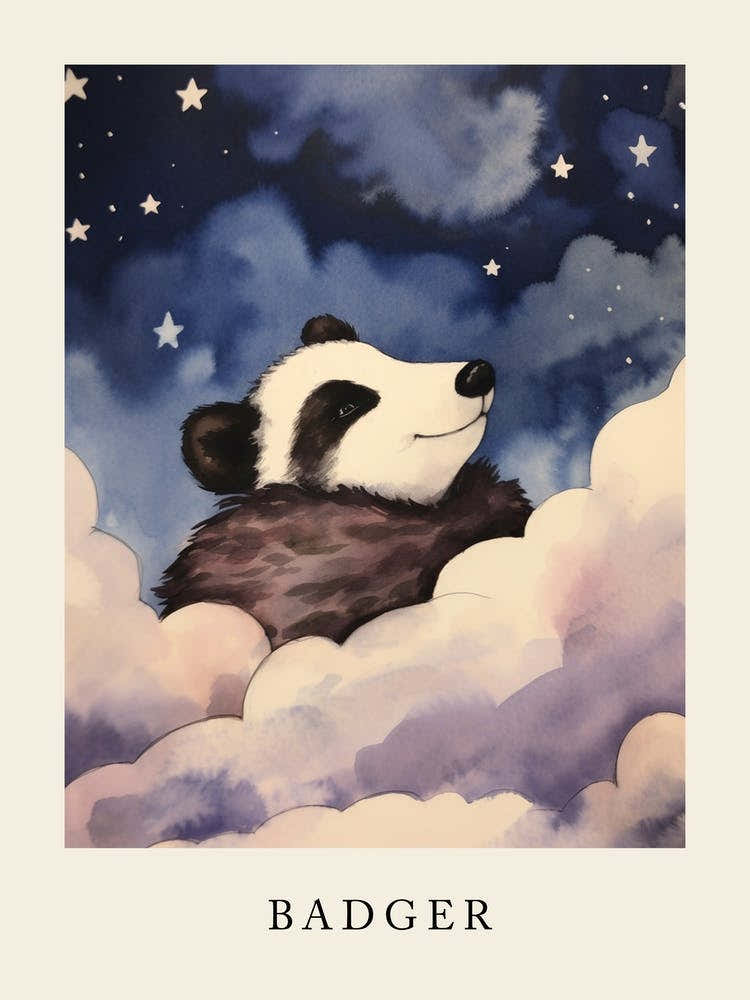 Baby Badger Sleeping In The Clouds Nursery Poster