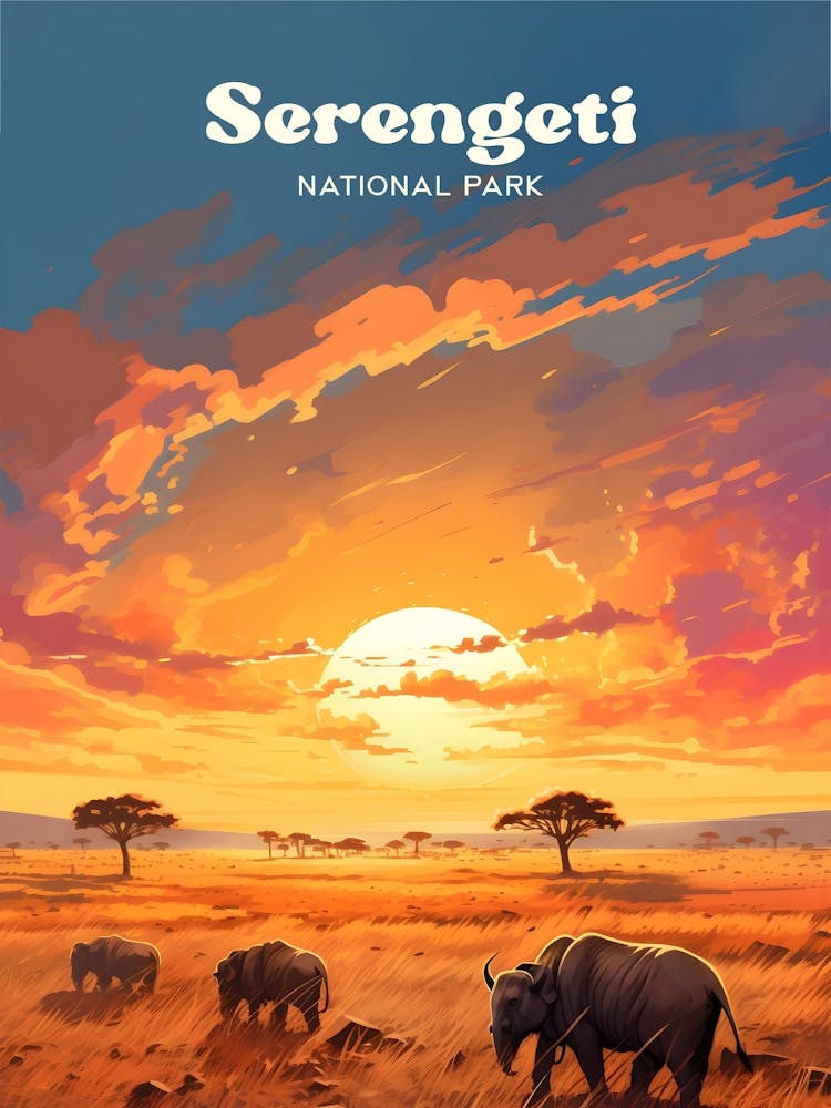 Serengeti National Park Tanzania Wildlife Animals Travel Illustration