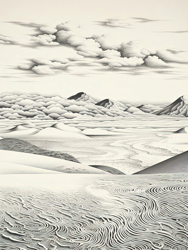 Tottori Sand Dunes In Tottori, Ukiyo E Black And White Line Art Drawing 2
