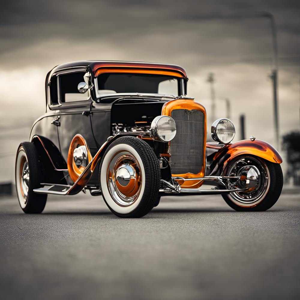 Vintage hot rod with custom flame paint job, captured in low key lighting with selective focus on the chrome details, classic car, retro, high resolution