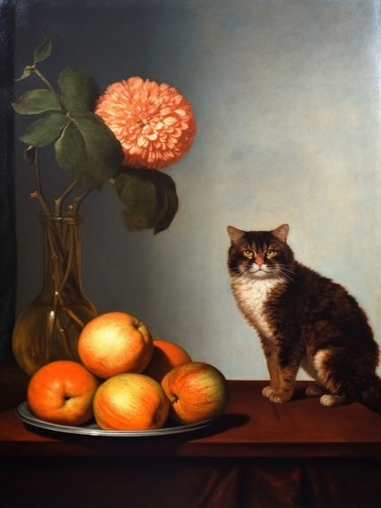 Painting Of A Still Life Of A Dahlia With A Cat, Realism 1