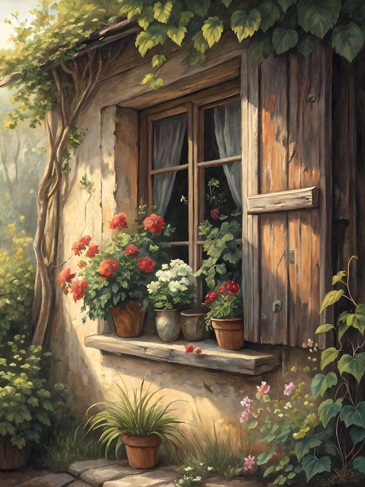 Oil Painting Style Rustic Farmhouse Window Floral Display with Red Geraniums