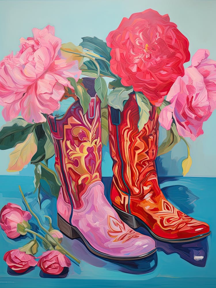 Oil Painting Of Hydrangea Flowers And Cowboy Boots, Oil Style 4